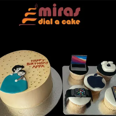 This set was created for a tech-savvy dad's birthday. The cupcakes feature incredibly detailed, edible toppers resembling an iPhone, Apple Watch, MacBook, and the Apple logo, paired with a larger personalized cake.
