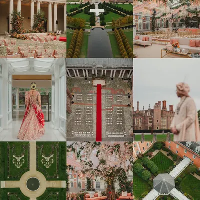 A collage capturing the essence of an Indian wedding at Hampton Court Palace, London. This event was a unique collaboration, blending rich Indian traditions with the timeless grandeur of a deeply English venue.
