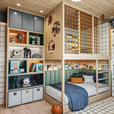 A fantastic kids' room featuring a loft bed with a rope net barrier and an integrated bookshelf. The lower level provides a cozy sleeping or play area, making it a complete fun zone.