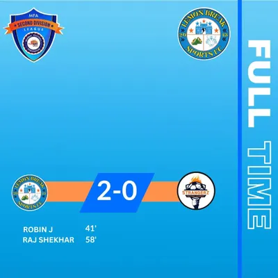 A clean sheet and a 2-0 victory. This match result graphic celebrates a successful outcome in the MFA Second Division League, highlighting the goal scorers and the team's solid performance.