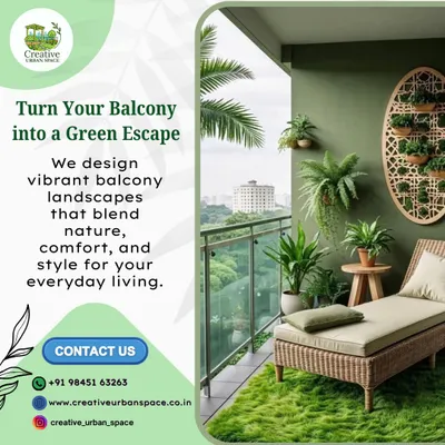 This high-rise balcony was transformed into a serene green escape. The use of a comfortable chaise lounge, a vertical wall planter, and a lush artificial grass floor creates a perfect spot to unwind with a view, high above the city.