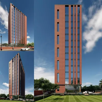 A collage of renderings for a high-rise office building on the Noida Expressway. The design emphasizes verticality, using exposed brick piers that contrast with recessed glass panels to create a visually striking and textured facade.