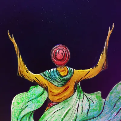 This artwork was created to celebrate the Gurpurab of Guru Nanak Sahib Ji. It is an abstract representation of spiritual bliss and connection to the divine, reflecting the core Sikh value of 'Ik Onkar'.
