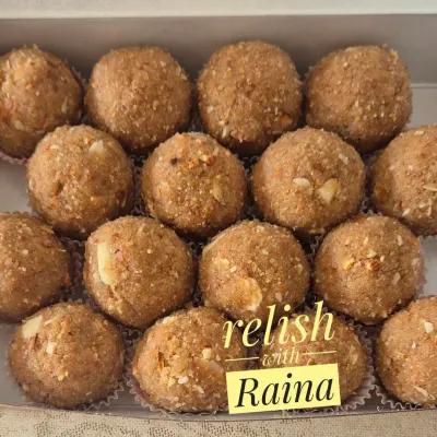 This is my personal favorite, the Rajasthani Choorma Laddoo. Made with whole wheat flour, pure ghee, and almonds, its grainy texture just melts in your mouth.