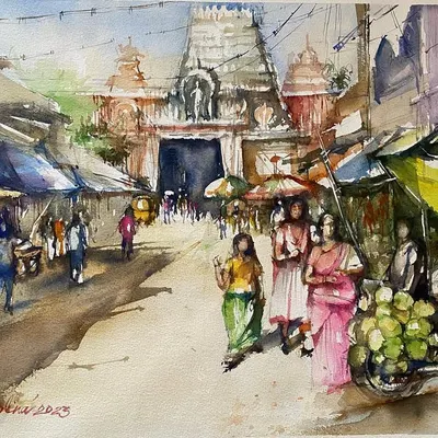 A watercolor painting of a busy temple street in South India. I love the vibrant energy of these places, with their colorful shops, fresh flowers, and the lingering scent of incense.