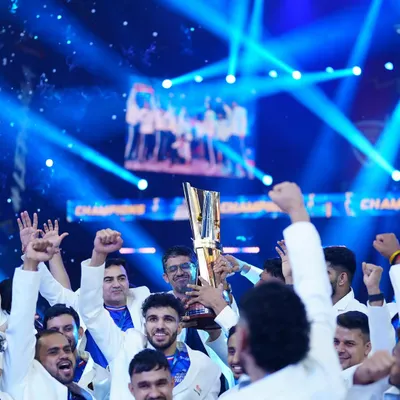 The moment all the effort of two seasons culminates into one beautiful evening. The Haryana Steelers team celebrating our Pro Kabaddi League championship win, holding the trophy high.