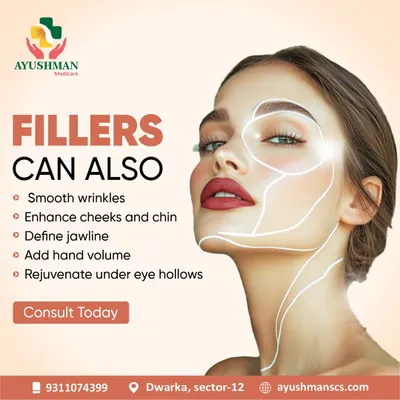 Dermal fillers offer more than just wrinkle smoothing. As shown here, we use them to enhance cheeks, define the jawline, add volume to hands, and rejuvenate under-eye hollows for a complete facial refresh.