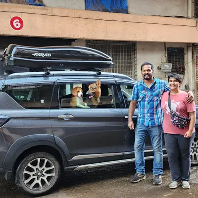 The classic "before" shot. Here we are, packed and ready to start a month-long road trip across Karnataka. Our car is loaded, and our dogs, Jiraiya and Jeannie, are excited to hit the road.