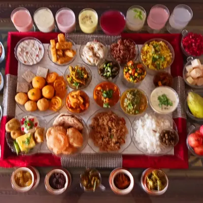 A full view of my dairy-free 56 Bhog for Janmashtami. It was immensely satisfying to create this feast knowing it was made with complete compassion.
