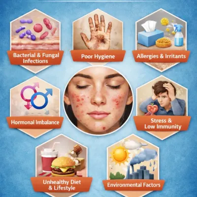 This graphic illustrates the core of my treatment philosophy. Skin diseases are often symptoms of deeper issues like stress, hormonal changes, poor diet, or environmental factors. By addressing these root causes, we can achieve true, long-lasting healing.