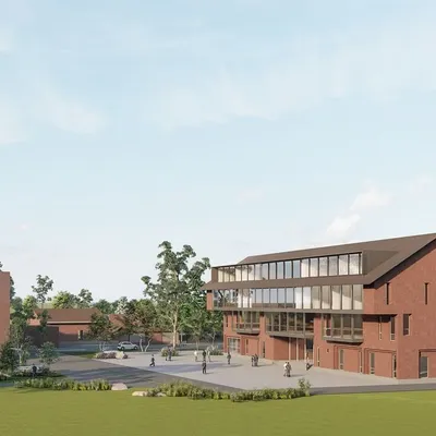 These renders showcase the masterplan for a new Nursing College at our multispecialty hospital project in Dolvi. The design features interconnected buildings and open plazas, creating a campus environment that fosters community and integrates learning with living.