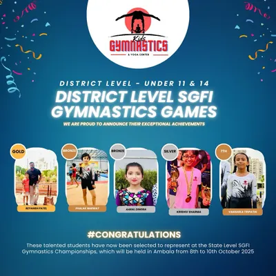 A proud moment for our academy. This graphic celebrates five of my students who were selected for the State Level SGFI Gymnastics Championships after their amazing performance at the district level.