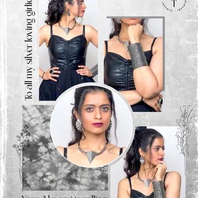 For my silver-loving girls. This collage shows off a bold, oxidized silver jewellery set, including a statement necklace, matching earrings, and a wide cuff. It's perfect for adding an edgy, bohemian vibe to a simple black dress.