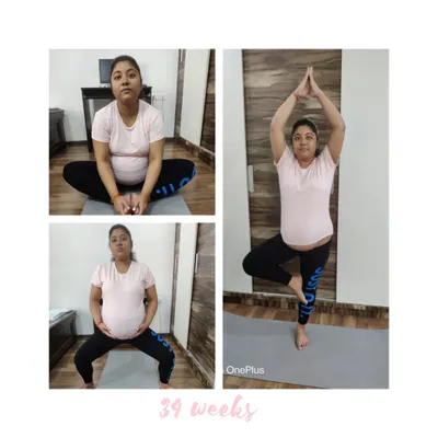 At 39 weeks, this mama is strong and ready. Her practice includes poses like Tree Pose (Vrikshasana) for balance and Goddess Pose (Utkata Konasana) to open the hips.