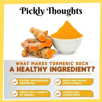 A 'Pickly Thought' on turmeric. I use fresh, raw turmeric in some of my pickles because it is a powerful antioxidant and has many health benefits, from fighting viruses to helping manage blood sugar.