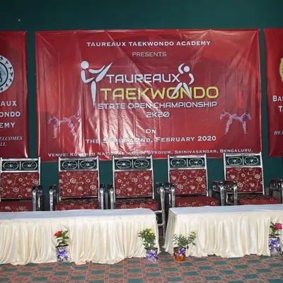 The stage setup for the Taureaux Taekwondo State Open Championship in 2020. Through my academy, I am committed to fostering talent at the grassroots level and providing a platform for competition.
