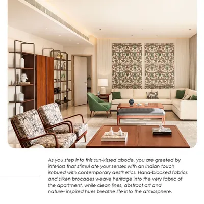 A glimpse into the sun-kissed living area of the Max128 show apartment in Noida. Here, hand-blocked fabrics and silken brocades weave heritage into a contemporary aesthetic, creating a space that feels both modern and timeless.
