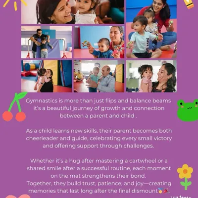 Gymnastics is more than just flips; it's a journey of connection. This collage shows beautiful moments of parents and children learning and growing together, from hugs after a new skill to shared smiles of achievement.