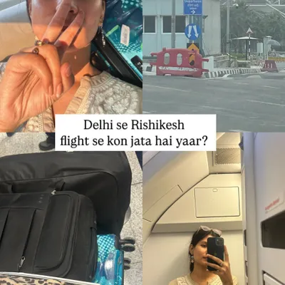 Throwback to the Rishikesh work trip. This collage captures the journey, from the "Delhi se Rishikesh flight se kon jata hai yaar?" moment to the beautiful Ganga aarti. It felt less like work and more like a spiritual workation.