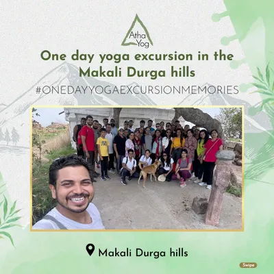 Here I am with our wonderful community during a one day yoga excursion at Makali Durga hills. These day escapes are a perfect way to get a quick reset, combining a short trek, fresh air, and a yoga session with a beautiful view.