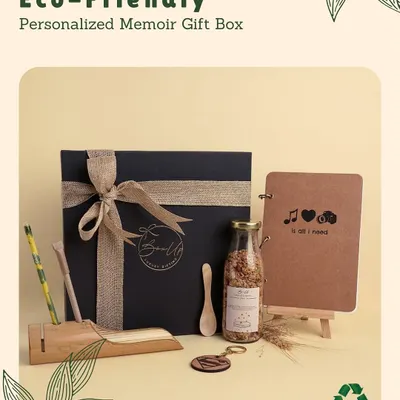 My 'Eco-Friendly Personalized Memoir Gift Box' is thoughtful, stylish, and kind to the planet. It includes a bamboo pen stand, granola, and a notebook with seed paper.