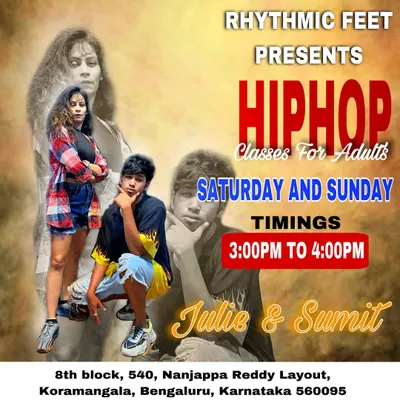 Our weekend Hip Hop classes for adults are taught by instructors Julie and Sumit. This poster gives you all the details to join our next batch and start learning.