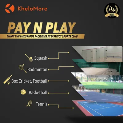 Our Pay N Play model makes it simple to access our facilities. This graphic shows the variety of sports you can book, including squash, badminton, cricket, football, basketball, and tennis.