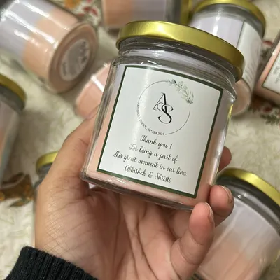 A closer look at our personalized wedding favor candle. We work with you to get the design of the label just right, matching your wedding's style and colors.