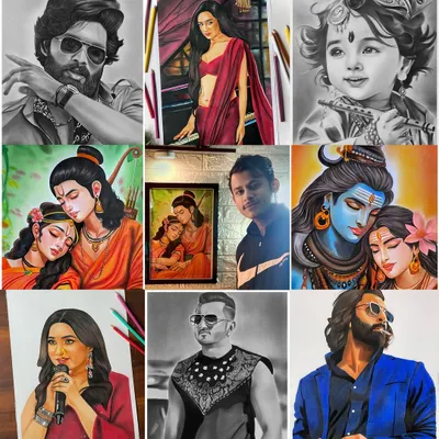 A collage showcasing some of my favorite artworks from 2024. It includes a mix of color and charcoal portraits of deities, celebrities, and custom commissions.