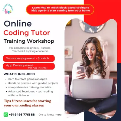 Our Online Coding Tutor Training Workshop gives you a complete roadmap. This poster breaks down the two main modules: Game Development and App Development. You'll also receive all training materials and our tips for starting your own classes.