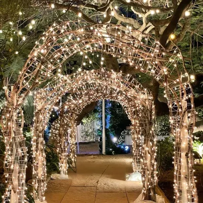 I love creating these starry pathways. This rustic archway is meticulously wrapped in fairy lights, creating a magical tunnel that looks incredible in person and in photos.