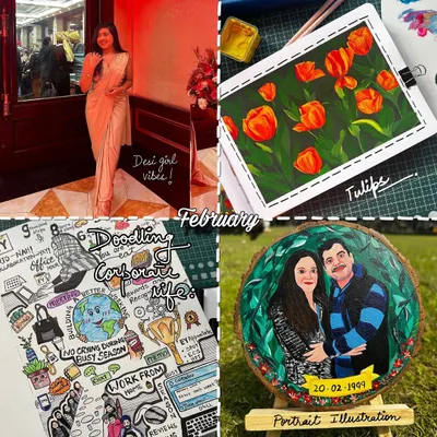 A photo dump from February, featuring a portrait illustration, a tulip painting, and a doodle about corporate life.