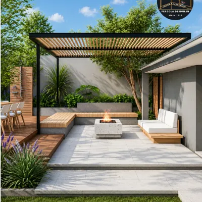 A modern oasis for any backyard. This pergola combines a slatted roof for partial shade with built-in wooden benches and a central fire pit, creating a perfect setting for social gatherings day or night.