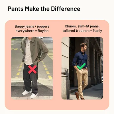 Pants make the difference. Baggy jeans or joggers can look boyish and unprofessional. To project a more mature and manly image, switch to well-fitted chinos, slim-fit jeans, or tailored trousers.