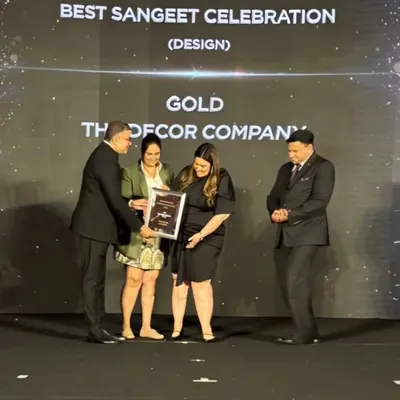 A proud moment for our team as we accept the Gold award for Best Sangeet Design at the WeddingSutra Influencer Awards. This recognition fuels our passion for creating beautiful and innovative decor.
