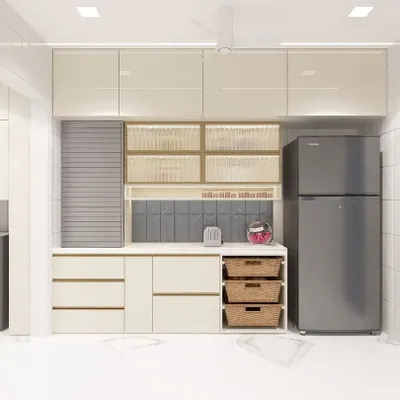 This kitchen is designed for ultimate efficiency, incorporating the laundry area, refrigerator, and pantry storage into one cohesive wall. We used wicker baskets for vegetable storage and a rolling shutter to conceal small appliances, keeping the countertops clutter-free.