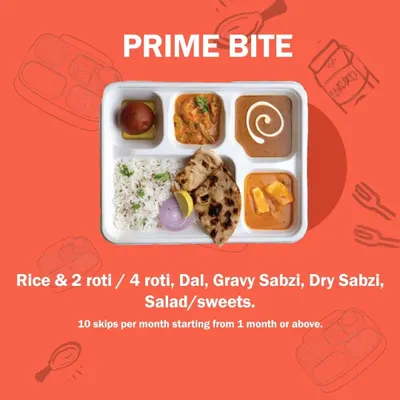 This is our Prime Bite plan, for when you have a big appetite. It includes Rice & 2 Rotis or 4 Rotis, Dal, Gravy Sabzi, Dry Sabzi, and a Salad or Sweet. It's a complete, satisfying meal.