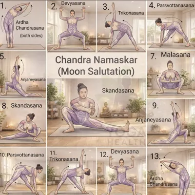 A beautiful illustration of the Chandra Namaskar, or Moon Salutation. This is a calming and cooling sequence, perfect for an evening practice to help you relax.
