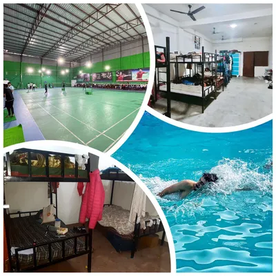 This collage provides a complete overview of our residential facilities. It shows the BWF-approved courts, the functional dormitory living spaces, and the swimming pool used for active recovery.