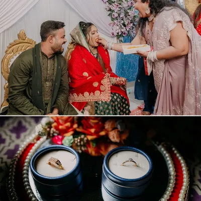 A collage showing the sweet moments of Priya and Rahul's engagement ceremony, from exchanging rings to being fed sweets by family.