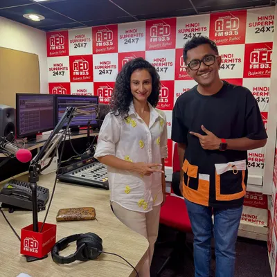With RJ Julius Sharma at the Red FM studio in Bangalore after our conversation about healing through food and my upcoming meal subscription service.