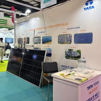 Our booth at the Pragati Maidan expo, showcasing our renewable energy solutions portfolio. We display Tata Power Solar panels and provide information on various innovations like carports and floating solar.