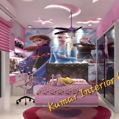 A magical 'Frozen' themed bedroom designed for a young fan. We created a complete environment with a custom bed, study table, and wardrobe, all featuring character graphics and a pink and white color scheme.