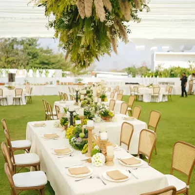 An overview of our 'Easy Breezy Brunch', designed with sustainability in mind. The long tables are set on a lush green lawn, with hanging installations of pampas grass and natural greenery creating a canopy overhead.
