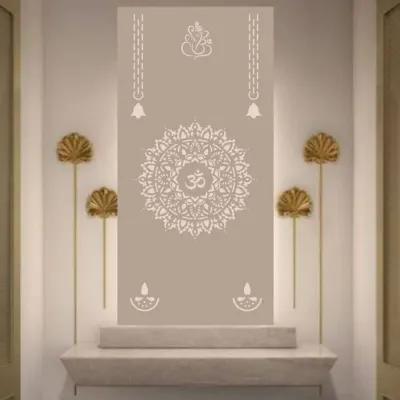 A conceptual design showcasing a minimalist approach to a sacred space. This wall art concept features a mandala, Om symbol, and other traditional motifs, perfect for creating a subtle spiritual nook.