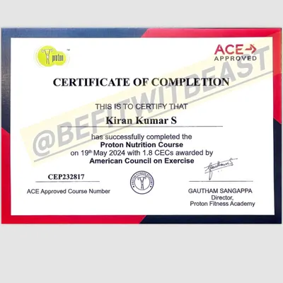 I am committed to my own education to better serve my clients. This is my certificate for completing the Proton Nutrition Course, approved by the American Council on Exercise (ACE).