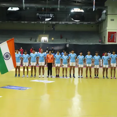 Team India stands proudly for the national anthem during the 10th Asian Youth Women's Handball Championship. We are honored to host international events and our national teams.