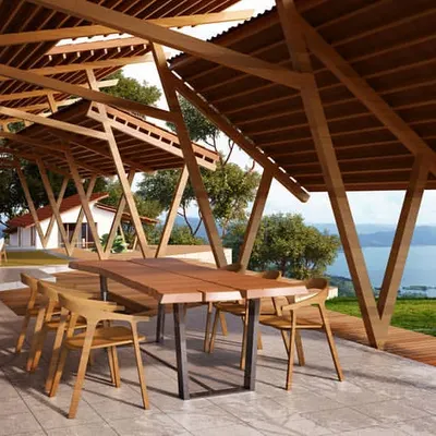 This concept for a lake house in Lonavala features an open dining pavilion that merges with the landscape. The angled wooden roof structure is designed to provide shelter while allowing for natural cross-ventilation and unobstructed panoramic views of the water.