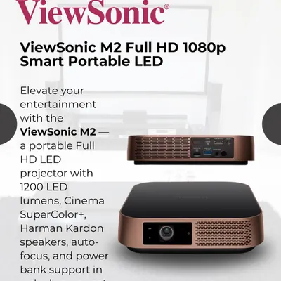 This graphic highlights the ViewSonic M2, a smart portable LED projector. Its compact design and Full HD 1080p resolution make it a versatile choice for high-quality visuals in various room sizes.