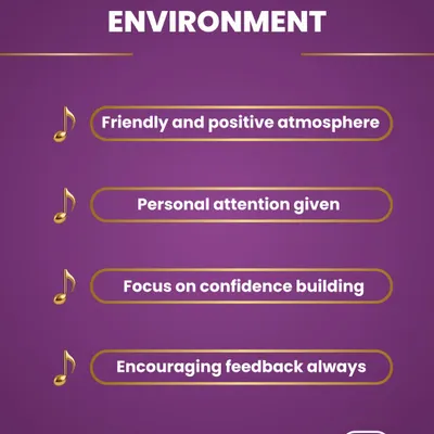 This graphic outlines the key elements of our learning environment. I ensure a friendly and positive atmosphere with personal attention, a focus on confidence building, and encouraging feedback in every class.